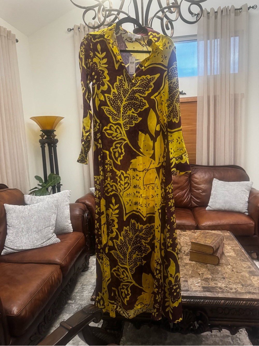 Anthropologie Yellow and Brown Floral Maxi Dress